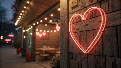 glowing neon heart sign on rustic wooden wall, creating warm atmosphere