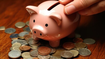 Close-up of a piggy bank being filled with coins, symbolizing saving money and financial security.