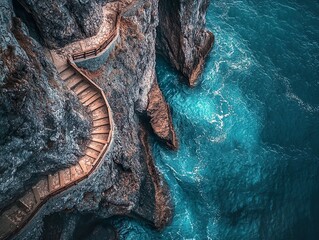 A winding path through rocky cliffs with a view of the ocean creates a dramatic and scenic coastal view with a sense of adventure and exploration.