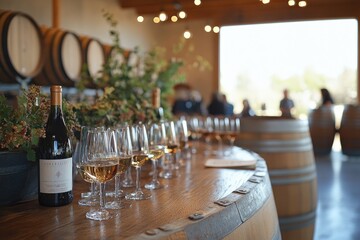 Wine tasting event celebrating local winery production featuring white wine and barrels