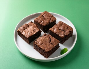 Fresh pieces of delicious chocolate brownies on green background