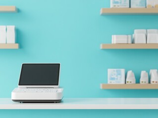 Modern Office Setup with Laptop on a White Desk Against a Bright Teal Wall Featuring Minimalist Shelves for a Clean and Stylish Workspace Aesthetic