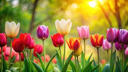 Obraz premium Spring tulip flowers in a row, nature, greenery, nature, greenery, springtime, garden, nature, tulips, blooming