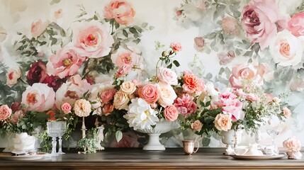 Obraz premium Elegant Floral Arrangement On Wooden Table With Watercolor Background