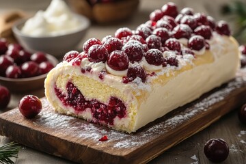 Delicious yule log cake with whipped cream and cherries resting on wooden board
