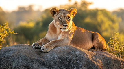Obraz premium Lioness at Sunrise: A majestic lioness, bathed in the golden light of sunrise, rests gracefully on a rock, surveying her kingdom. Her amber eyes gleam with an air of regal confidence. 
