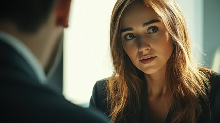 Obraz premium Young professional woman in business casual attire giving feedback to a colleague during a work review.