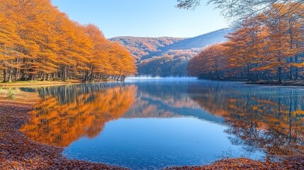 Fototapeta premium Autumn lake reflection, mountain backdrop, misty sunrise, serene landscape, travel poster