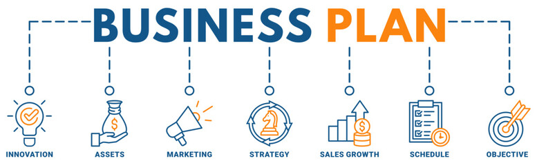 Business Plan banner web icon vector illustration concept with icon of innovation, assets, marketing, strategy, sales growth, schedule, objective	
