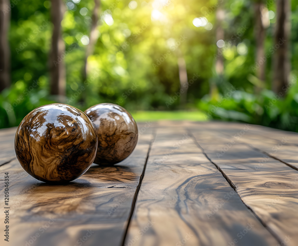 Poster two glossy, spherical objects sit on a wooden table, surrounded by lush greenery and soft sunlight f