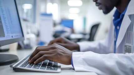 A close-up of hands typing on a keyboard in an office workspace, focused on the task at hand.