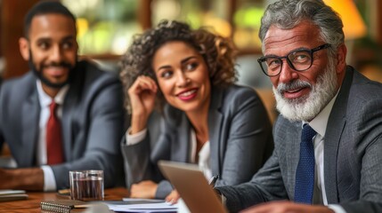 Team of professionals gathered around a table in a modern office, actively discussing a new project.