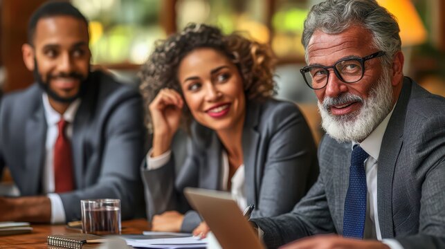 Team of professionals gathered around a table in a modern office, actively discussing a new project.