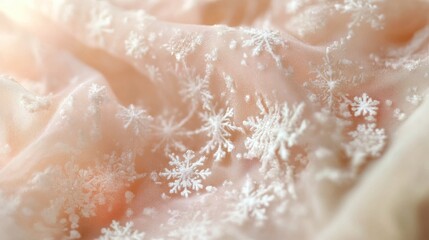Delicate Peach Fabric Adorned With Embroidered Snowflakes