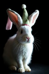 Obraz premium Adorable white rabbit wearing a festive elf hat against a black background.