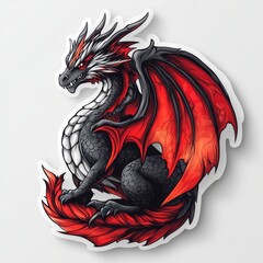 Powerful Dragon with striking red wings and fiery eyes in a stylized sticker format