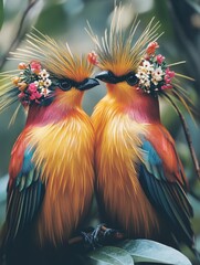 Obraz premium Colorful Birds Perched on Tree Branch