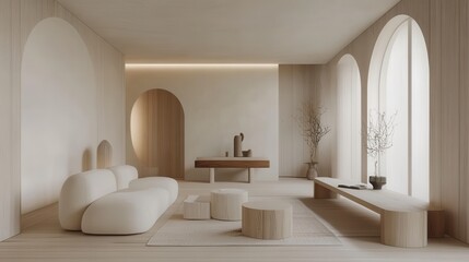 A modern living room with a white color theme