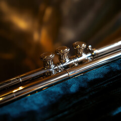 Fototapeta premium close up view of polished silver flute showcasing its intricate keys and shiny finish, reflecting light beautifully. craftsmanship highlights elegance of this musical instrument