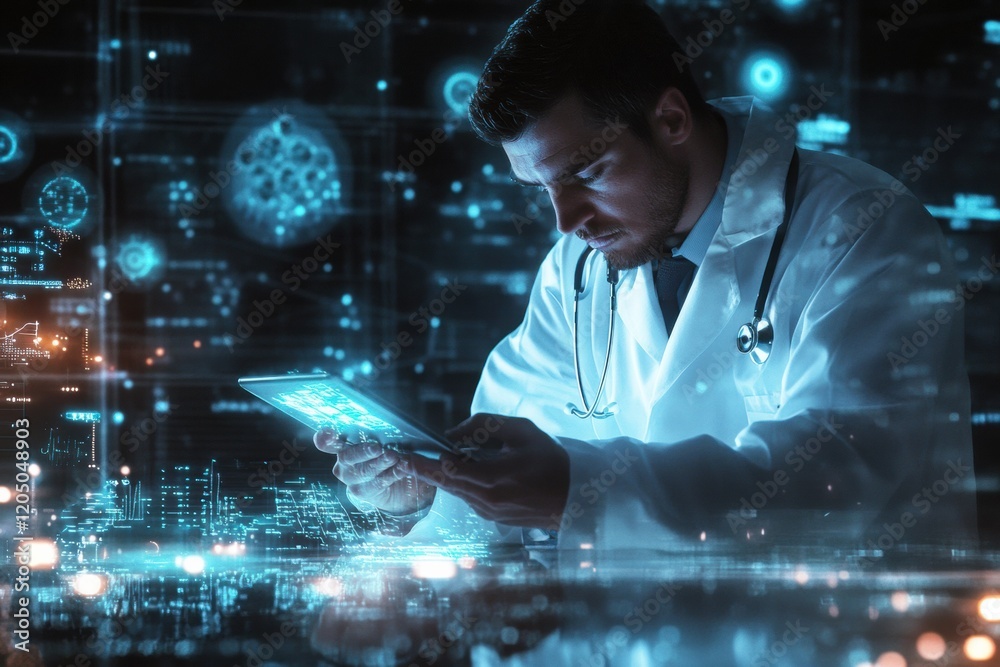 Leinwandbilder medical professional analyzes digital data while working in a futuristic lab environment during nigh