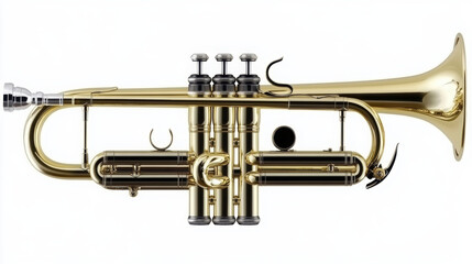 Fototapeta premium shiny brass trumpet with three valves, showcasing its elegant design and craftsmanship. Perfect for musicians and music enthusiasts alike