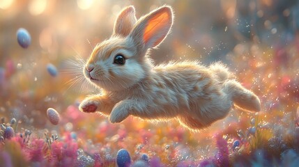 Adorable bunny rabbit hopping through spring flowers.