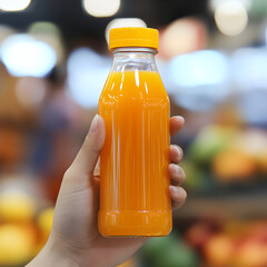Refreshing Orange Juice: A hand holds a small bottle of vibrant orange juice against a blurred background of fresh produce in a grocery store.  The image evokes feelings of health.