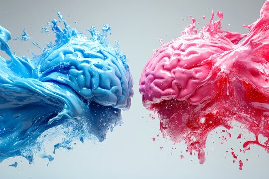 Explosive clash of blue and red brains splattering dynamic energy, symbolizing opposing forces, creativity, and cognitive power in an abstract and vibrant style