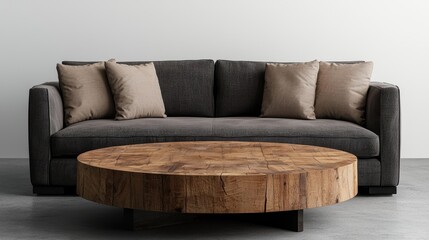 A large couch with pillows and a wooden coffee table in the center