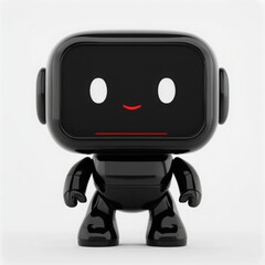 Cute black robot toy character with a friendly expression, large round head, small body, and shiny finish, ideal for children's decor, educational materials, or tech-themed designs.
