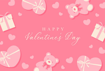 valentine vector background with pink teddy bears, gift boxes and hearts