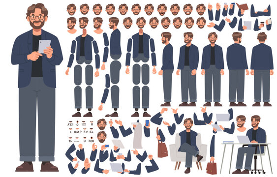 Business man character constructor. CEO or senior manager of a company. Set of different positions of arms legs body and head for creating animation