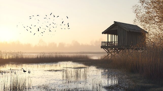 Birdwatching hut overlooking a marsh with birds in flight