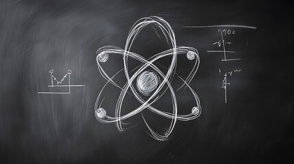 A creatively designed atomic icon sketched in chalk on a blackboard, featuring clear labels and scientific details