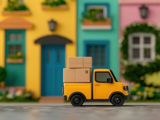Fototapeta premium Cheerful Yellow Delivery Truck with Boxes Parked in Front of Colorful House Facades, Representing Urban Life, E-commerce, and Logistics in a Playful Setting
