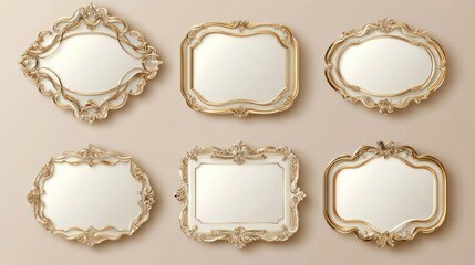 Obraz premium Elegant pearl white labels set glossy labels with golden frame over beige background