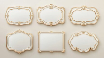 Obraz premium Elegant pearl white labels set glossy labels with golden frame over beige background