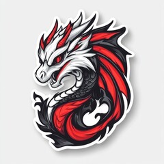 Naklejka premium Stylized Dragon Illustration with White, Black, and Red Colors, Rendered as a Sticker Art with a White Background
