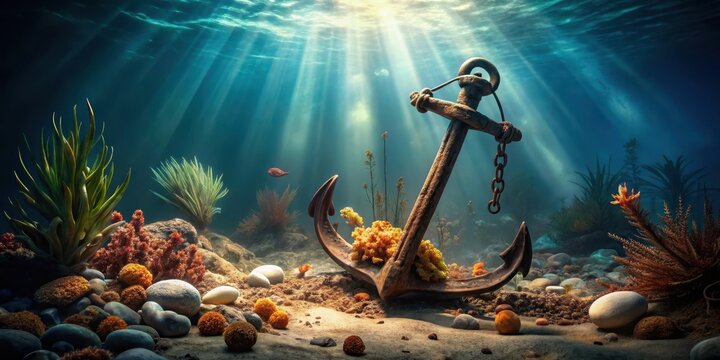 Rusty old anchor with seaweed and shells surrounding it in a dimly lit corner, nautical, treasures,  nautical, treasures, anchor