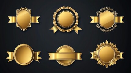 Golden luxury labels and badges premium quality certificate ribbons vector illustration