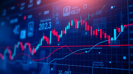 Stock market or forex trading graph and candlestick chart suitable for financial investment concept. Economy trends background for business idea work design. Abstract finance background. Generative AI