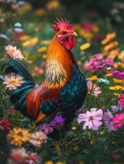 Fototapeta premium Rooster in flower field