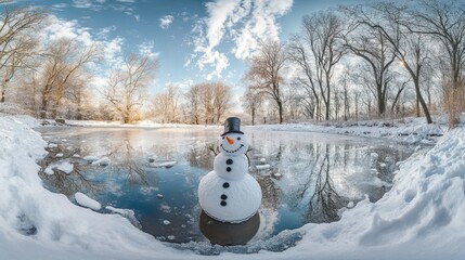 Fototapeta premium Panoramic view of happy snowman in winter scenery