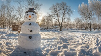 Obraz premium Panoramic view of happy snowman in winter scenery