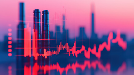 Visualize vibrant city skyline with focus on financial data trends, showcasing dynamic graph in red against soft pink background