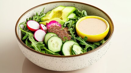A fresh salad with arugula, cucumbers, radishes, avocado, and dressing in a bowl.