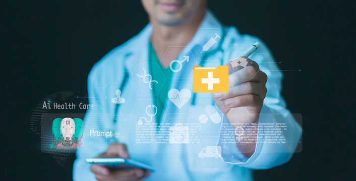 Doctors utilizing Medical Agentic AI Intelligence telemedicine for diagnosis processes data analysis technology and Modern Healthcare innovation to increase the accuracy of patient treatments