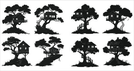  Silhouette of a cozy treehouse, Abstract treehouse icon collection, Treehouse silhouettes in the forest, Children’s treehouse silhouettes in the trees, Beautiful treehouse silhouettes vector
