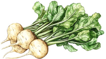 Watercolor Painting of Fresh Turnips with Lush Green Tops