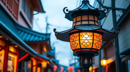 Illuminated Asian street lantern at dusk.